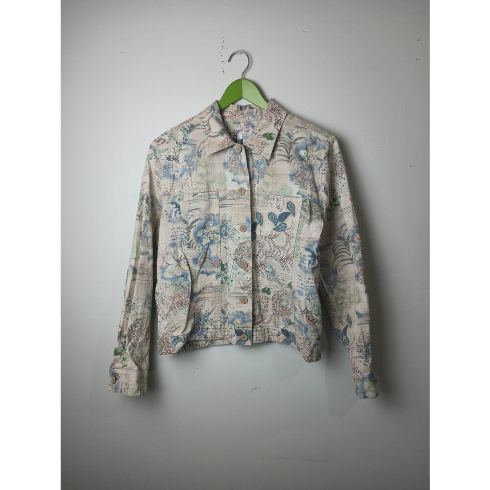 Vtg Christopher & Banks Paisley Blue Floral Linen Cotton Button up Blazer Medium
